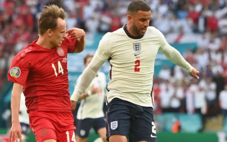 Kyle Walker on the ball for England against Denmark at Euro 2020.