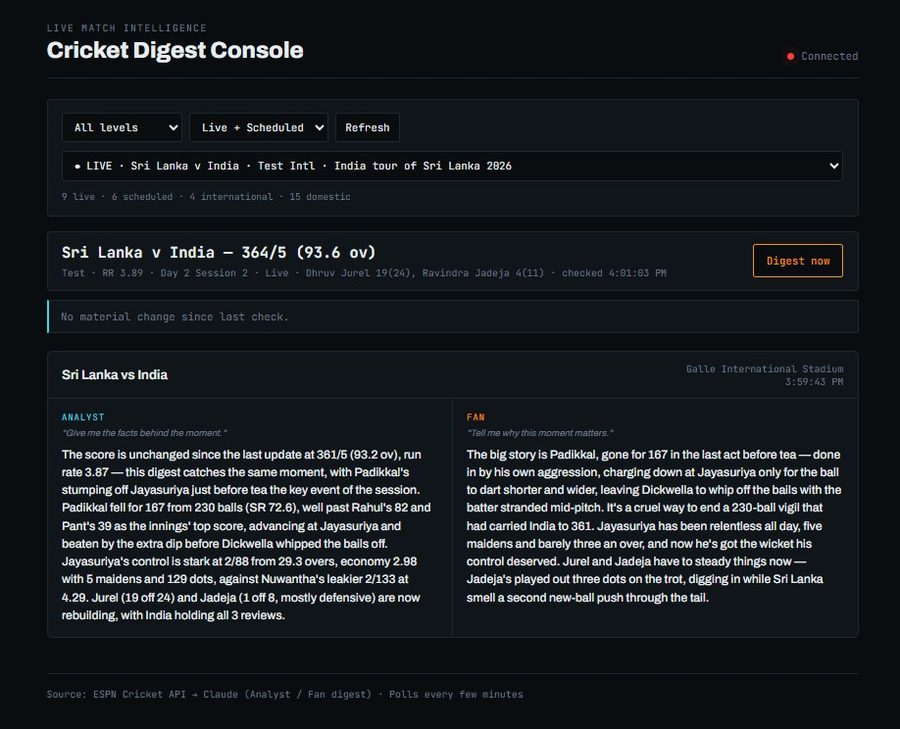 The Cricket Digest console during a Test match, showing an analyst briefing and a fan briefing side by side.