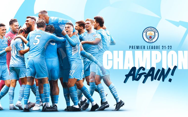 Manchester City players celebrating the 2021-22 Premier League title.
